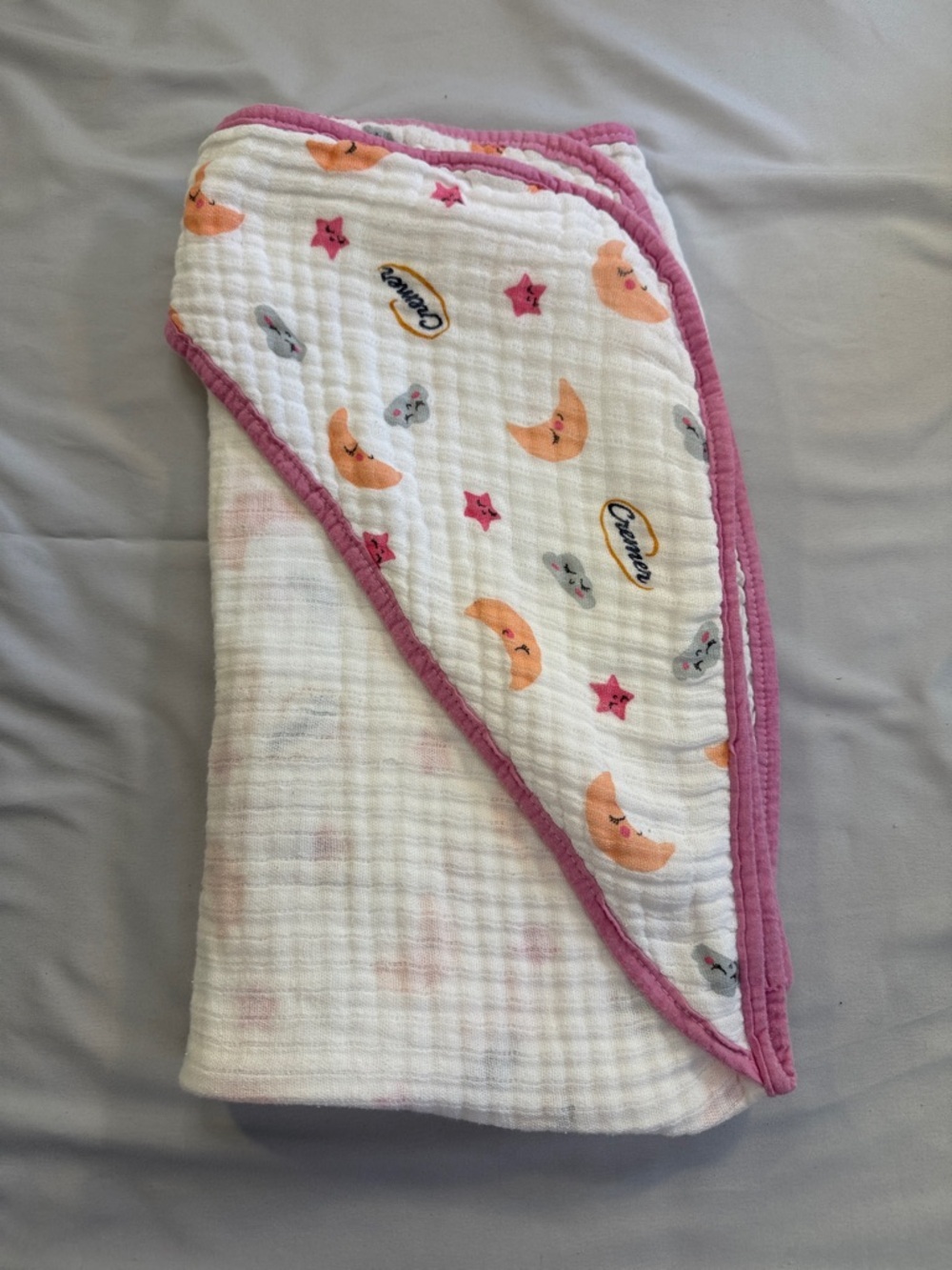 🐥 Cremer White Hooded Baby Towel with Pink Trim and Moon & Star Print